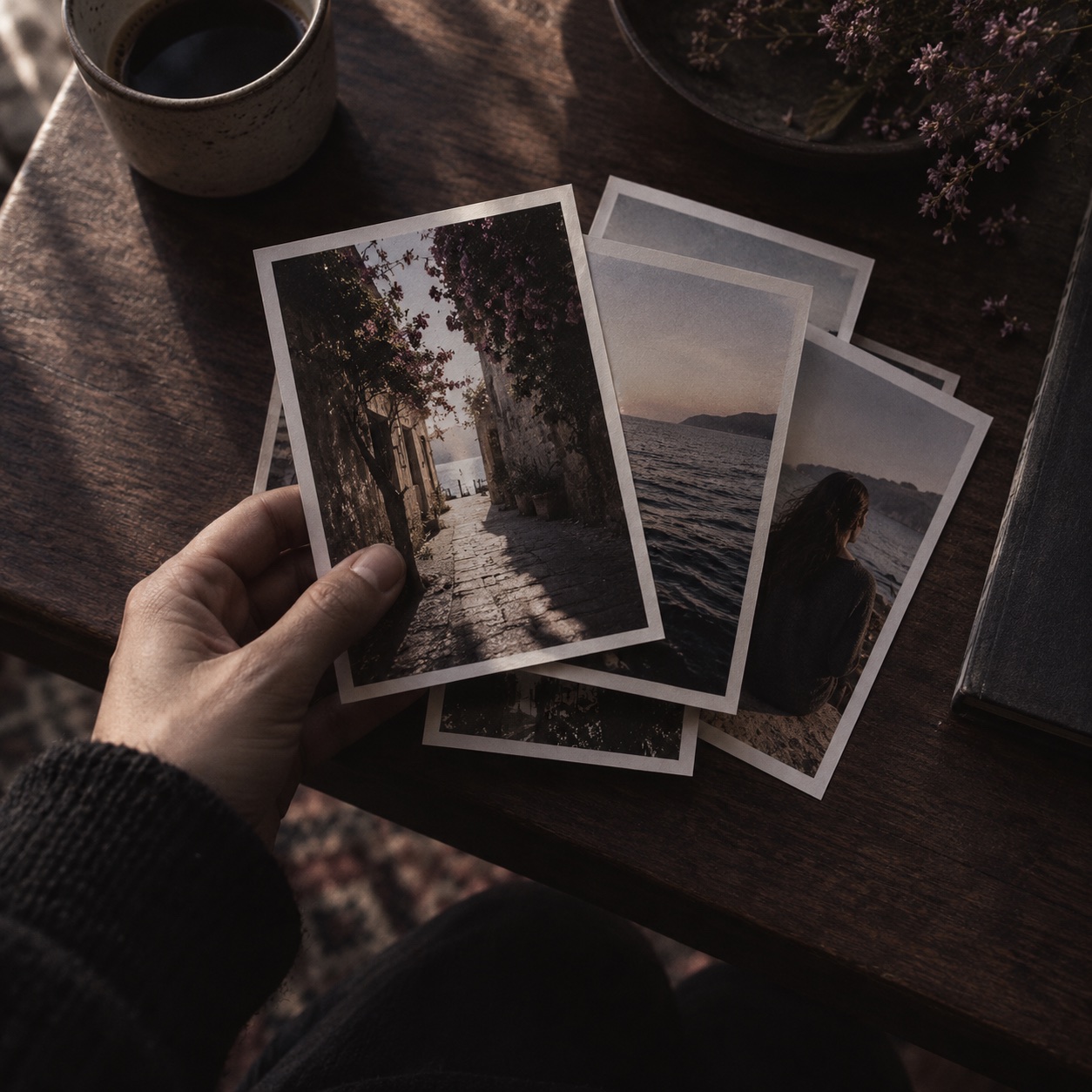 Printed photographs of memorable moments held in a hand
